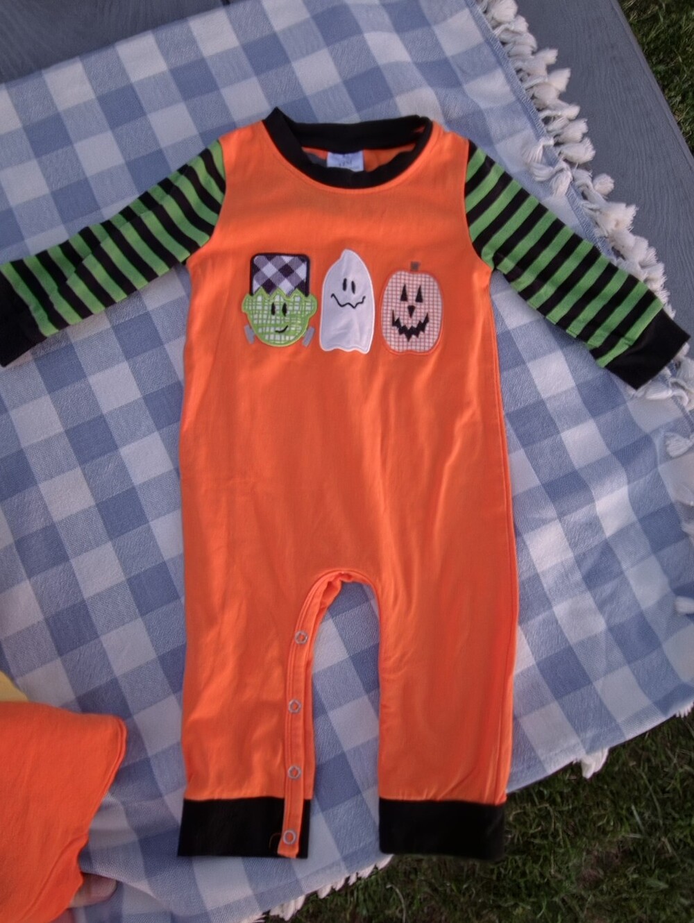Orange Halloween Baby Romper with Green/Black Striped Sleeves, 12 Months